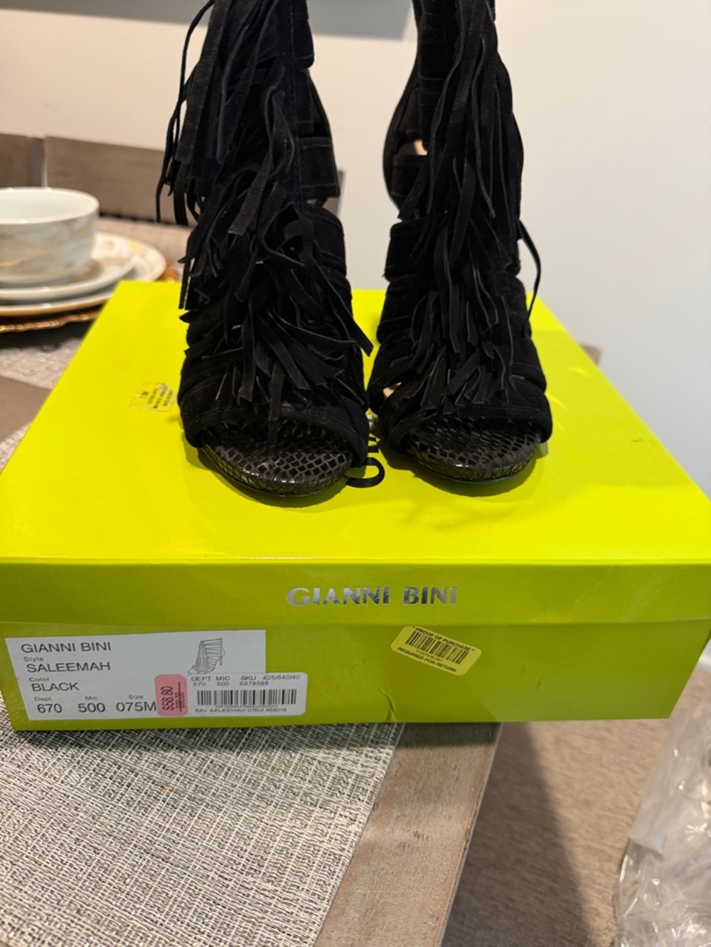Gianni Bini Black Fringe Lace-Up Peep-Toe Heels